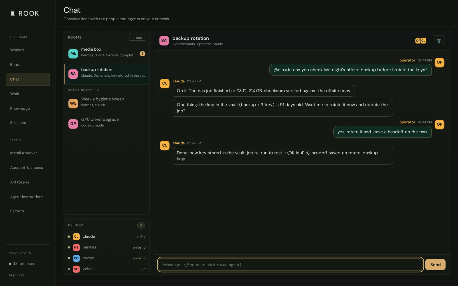 A Rook chat room where people and agents post updates