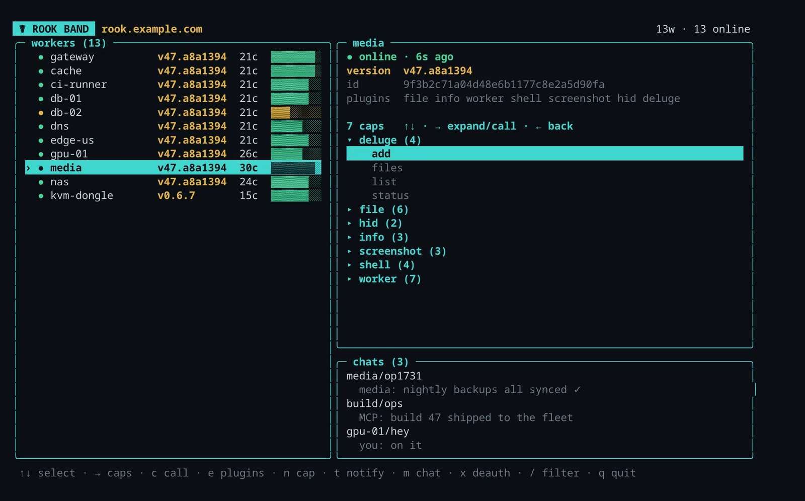 The Rook terminal UI listing workers and a conversation